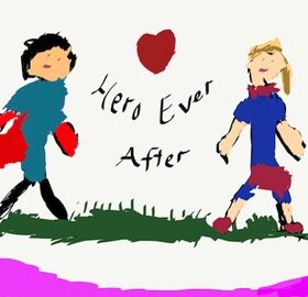Contemporary Romance Cover for Hero Ever After by Sarah Ready drawn by a child featuring two people in this single mom romance and super hero romance book