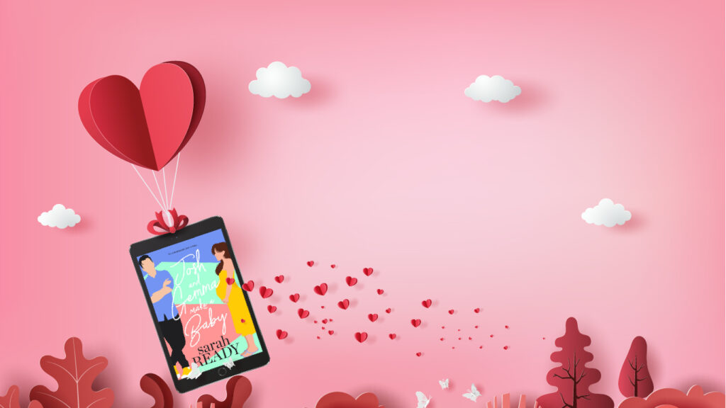 In honor of Valentine's Day, the eBook of the best romcom romance book by author Sarah Ready is on sale. The eBook is being carried away by a heart parachute on a pink background. 
