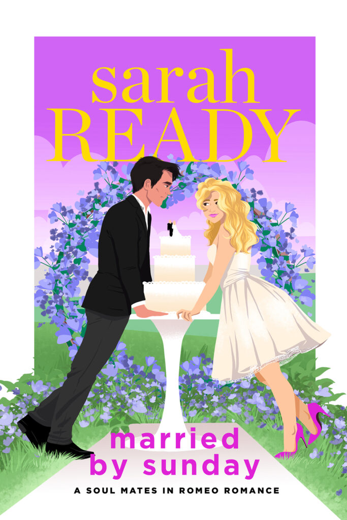 Best opposites attract romance book by best selling romcom author Sarah Ready. This is Book 5 in the Soul Mates in Romeo Romance Series. The cover features 2 people leaning over a wedding cake, him not happy and her looking coy. A flower wreath is behind them. 