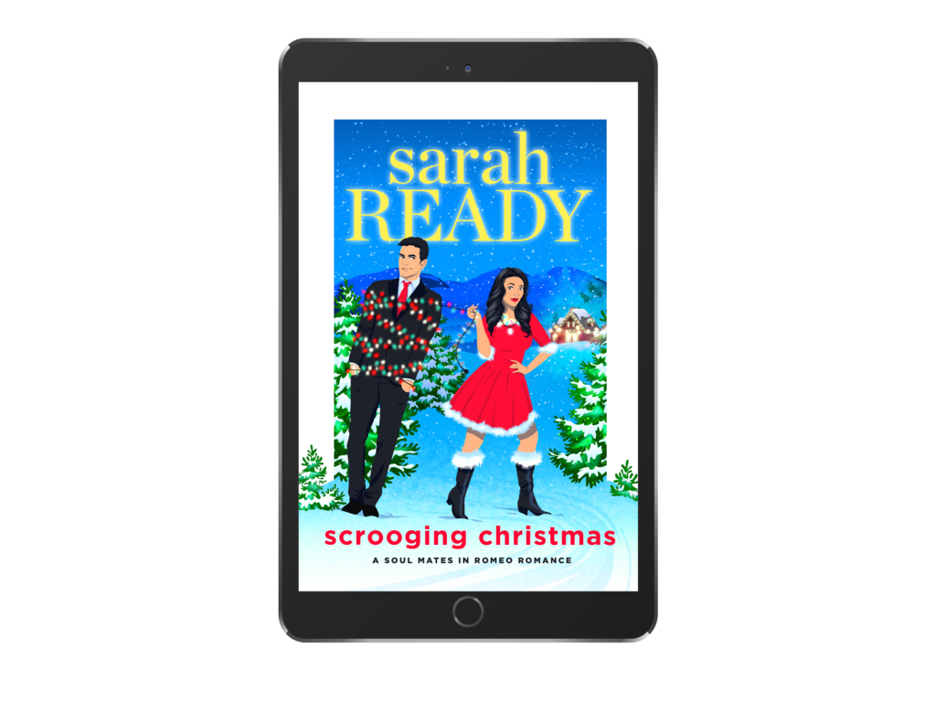 Scrooging Christmas is book 7 in soul mates in romeo romance romcom series and is now on sale for a 99¢ pre order. Cover features a man and a woman in the snow with Christmas lights. 