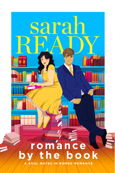 Best romcom soul mate twin brothers romance book titles Romance by the Book features a woman in a yellow dress sitting on top of books with a dapper man beside her.